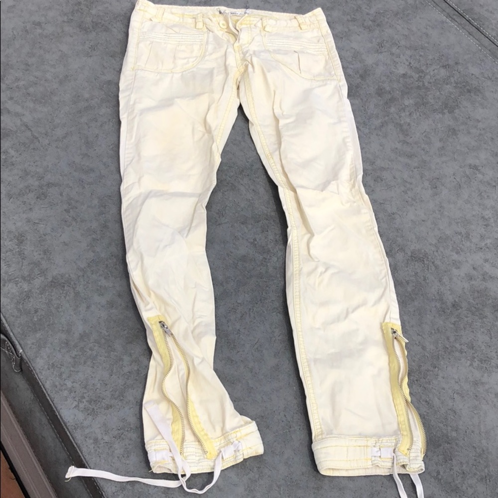 Yellow Pure Oxygen pants w zipper at bottom